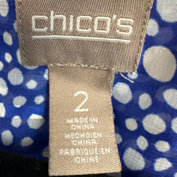 Chico's Womens Pullover Blouse Blue Abstract Dots Satin Feel Size 2 (L) Office - Picture 7 of 9